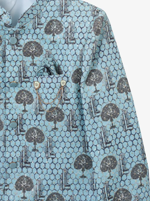 Classic sky blue printed silk indowestern