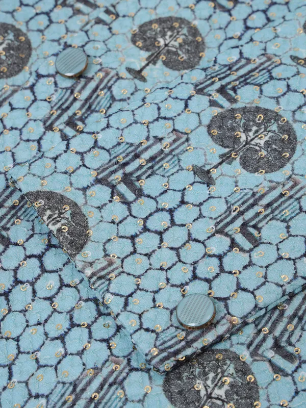 Classic sky blue printed silk indowestern