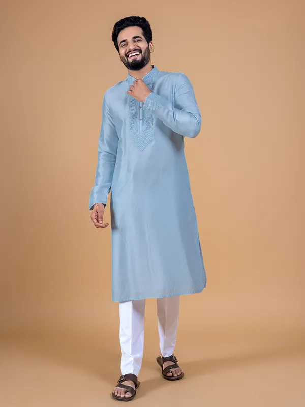 Classic sky blue silk kurta suit for festive