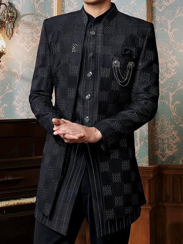 Classic textured black raw silk indowestern