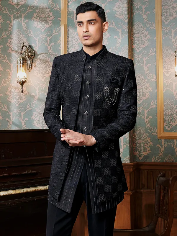 Classic textured black raw silk indowestern