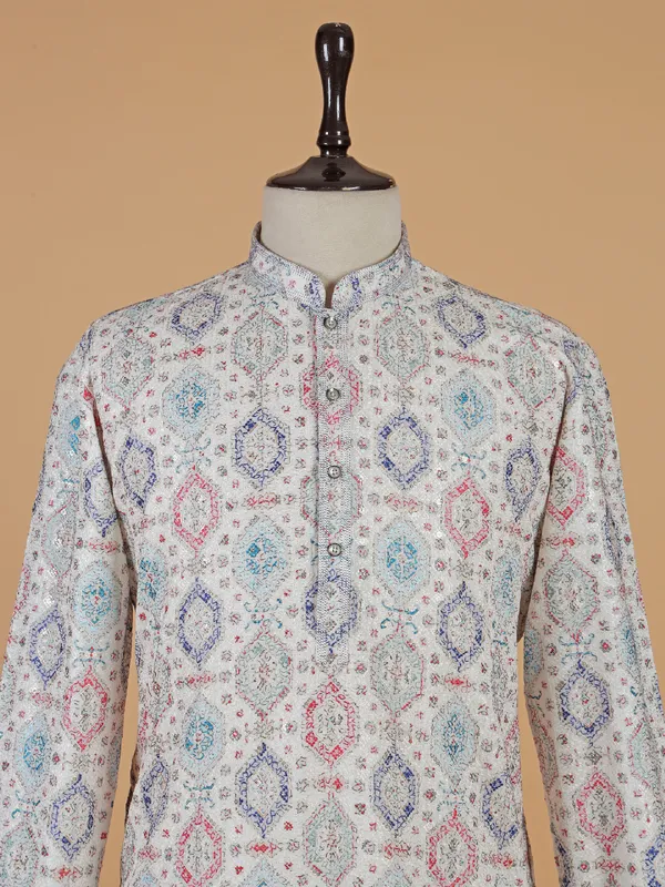 Classic White cotton kurta suit with multicolor thread design
