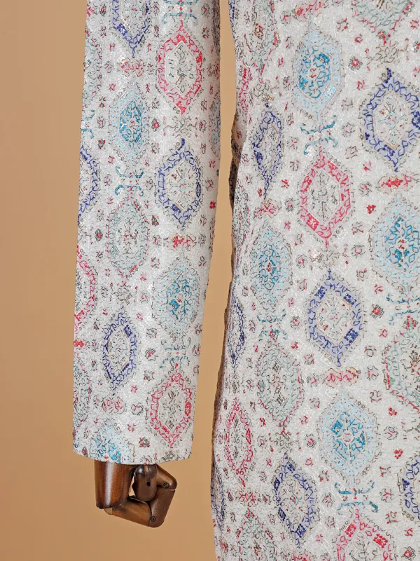 Classic White cotton kurta suit with multicolor thread design