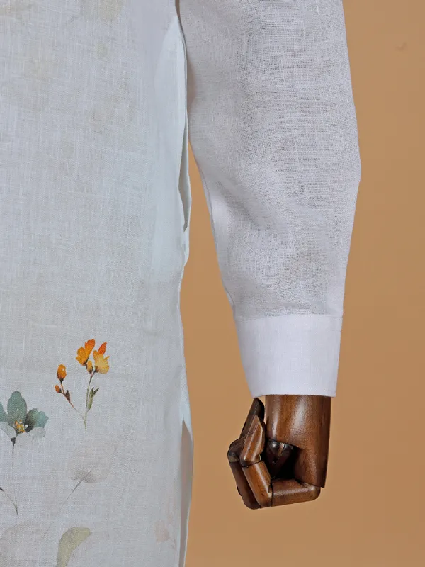 Classic white cotton printed kurta for men