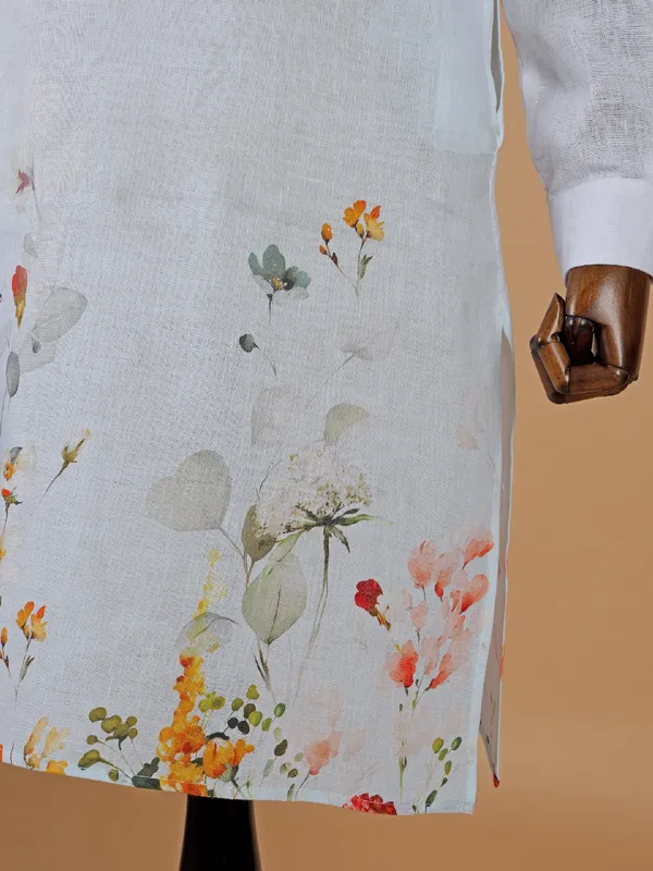 Classic white cotton printed kurta for men