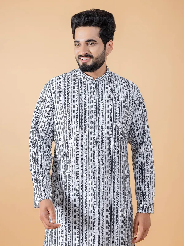 Classic white cotton printed  Men Kurta pajama