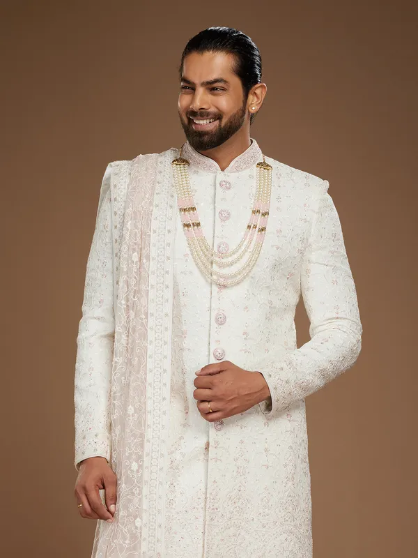 Classic white raw silk groom sherwani