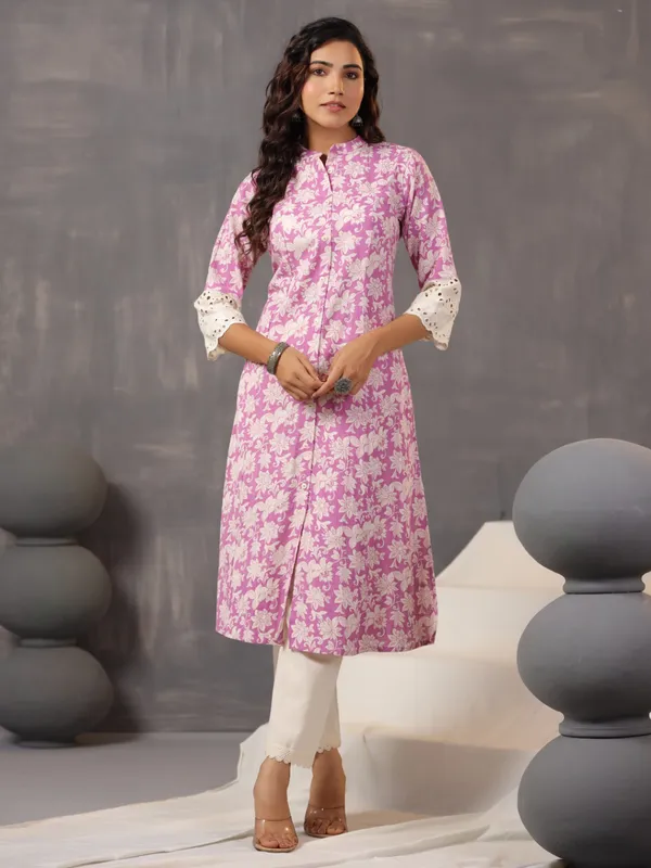 Classy and stylish purple printed cotton silk kurti