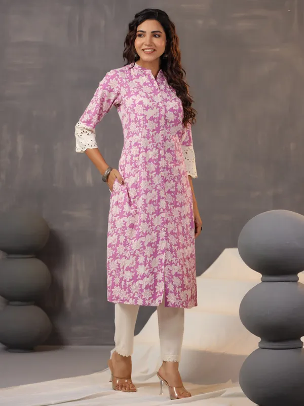 Classy and stylish purple printed cotton silk kurti