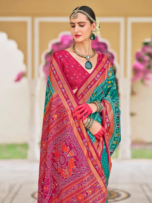 Classy aqua silk saree in printed