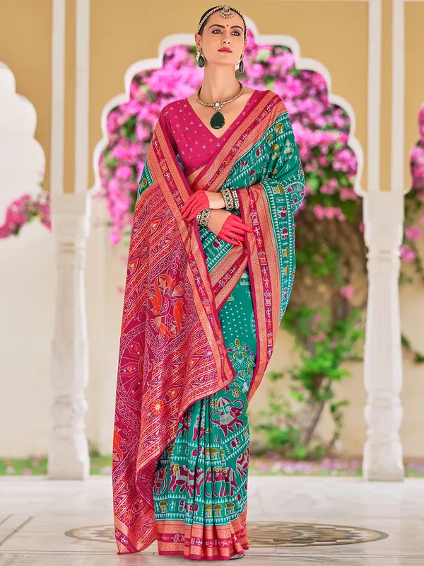 Classy aqua silk saree in printed