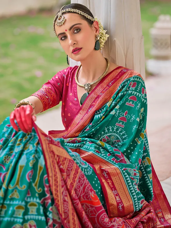 Classy aqua silk saree in printed