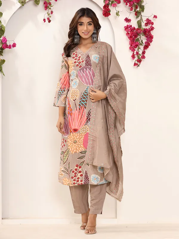 Classy beige silk printed kurti set