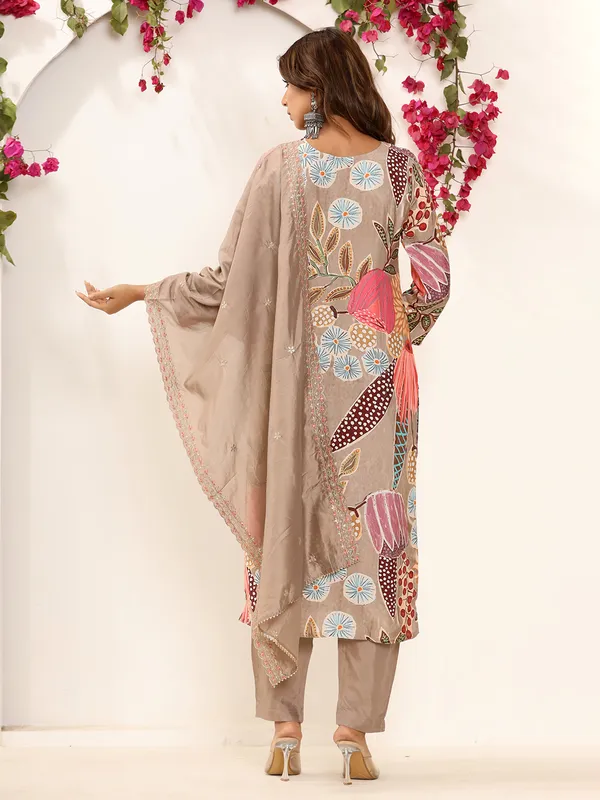 Classy beige silk printed kurti set