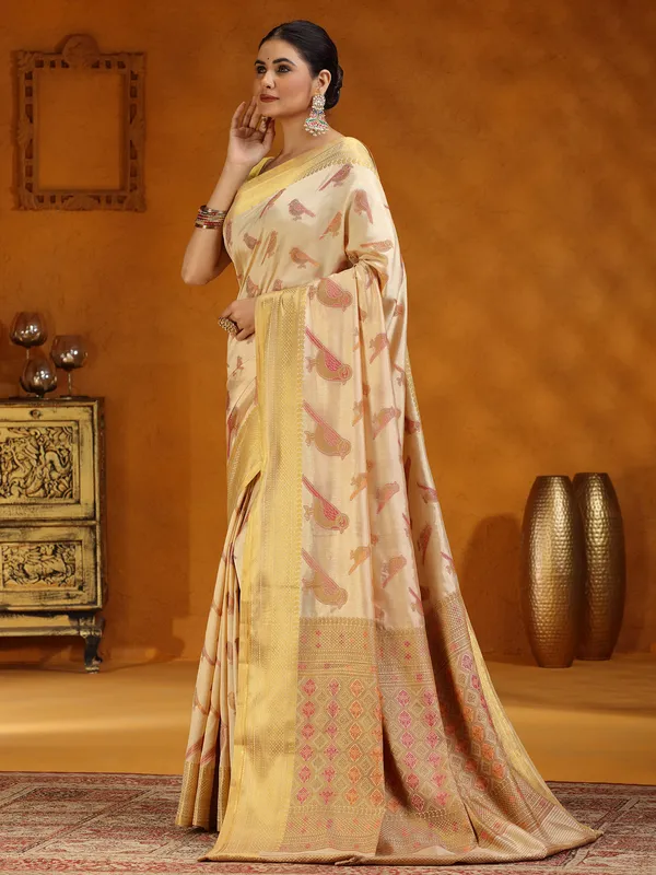 Classy beige silk saree for wedding