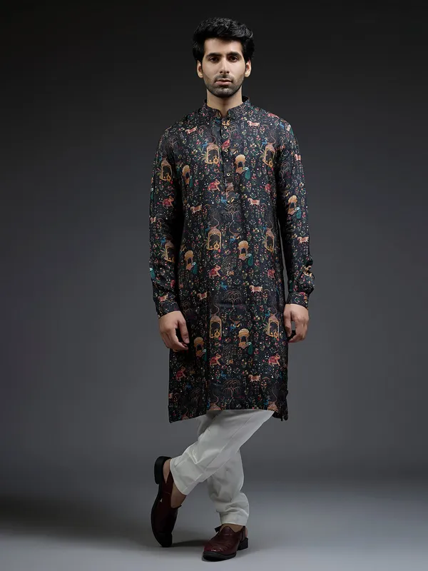 Classy black applique print printed kurta suit for men