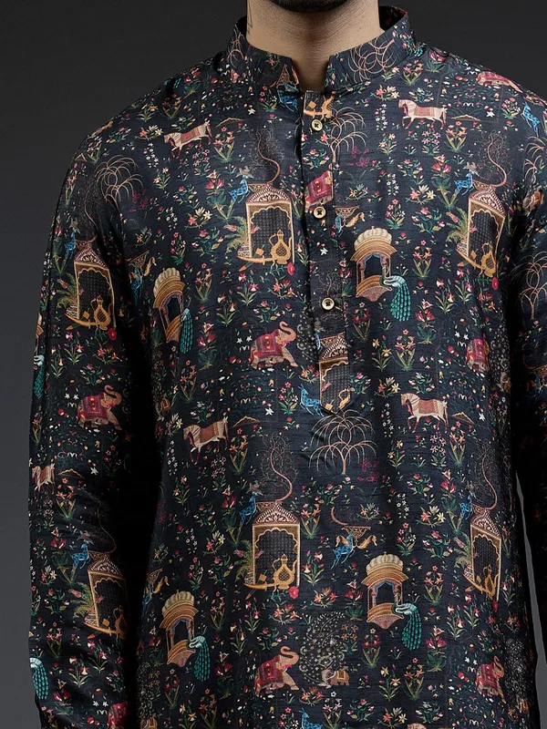 Classy black applique print printed kurta suit for men