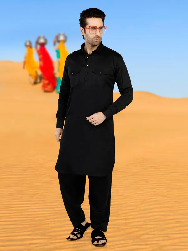 Classy black cotton pathani suit