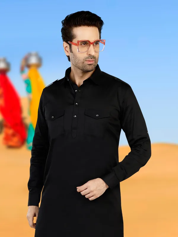 Classy black cotton pathani suit