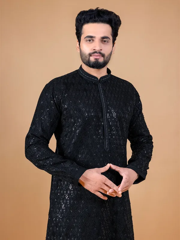 Classy black georgette  Men Kurta pajama