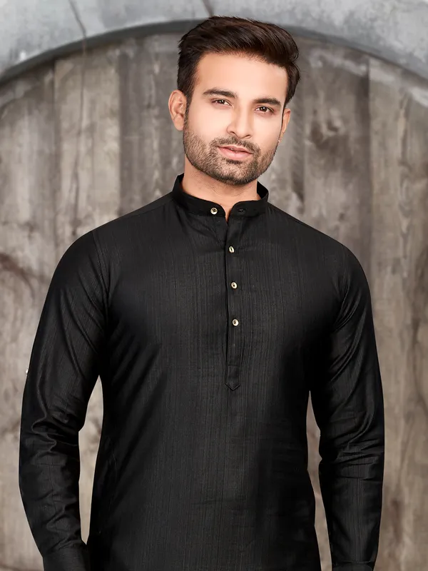 Classy black plain silk kurta