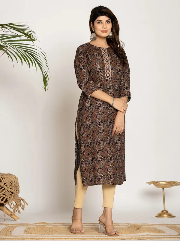 Classy black printed casual  kurti in silk