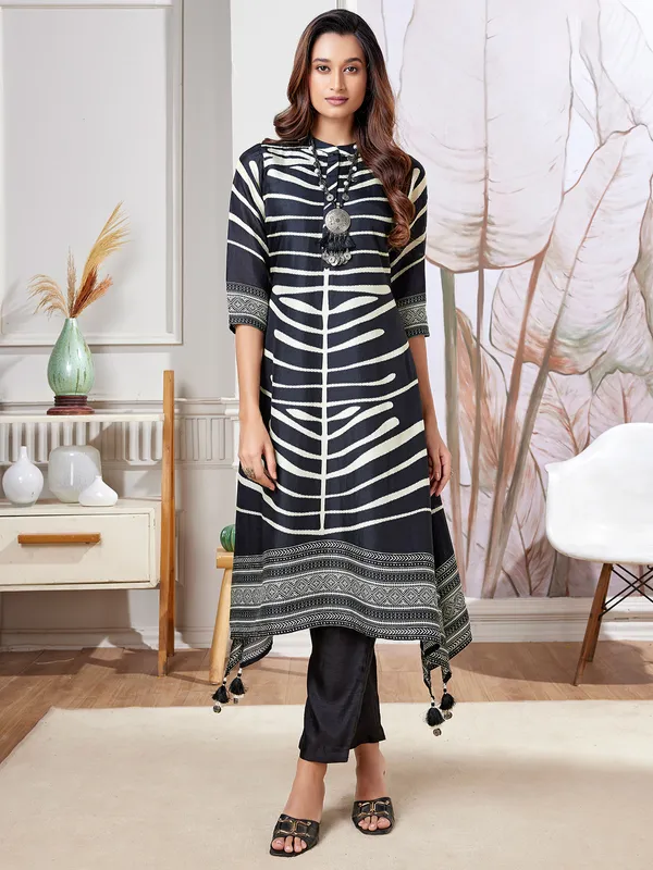 Classy black printed russian silk kurti set