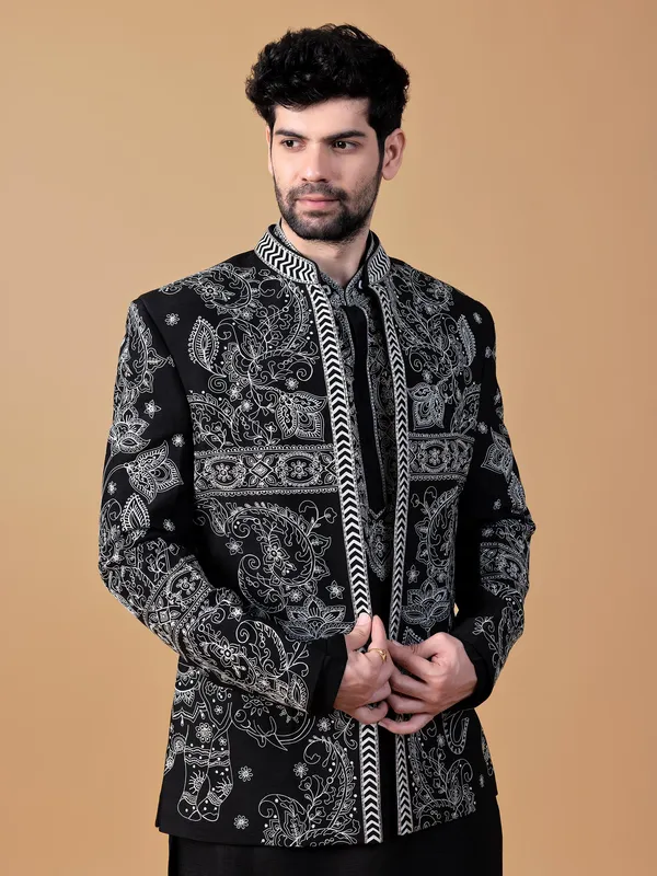 Classy black raw silk indowestern