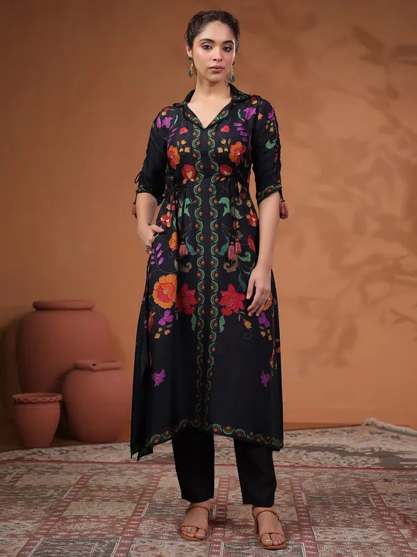 Classy black silk printed kurti set for festive