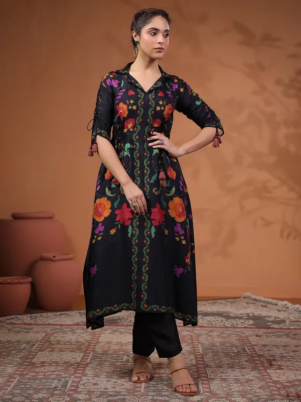 Classy black silk printed kurti set for festive