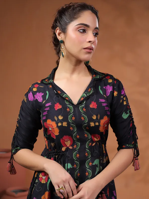 Classy black silk printed kurti set for festive