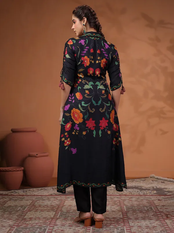 Classy black silk printed kurti set for festive