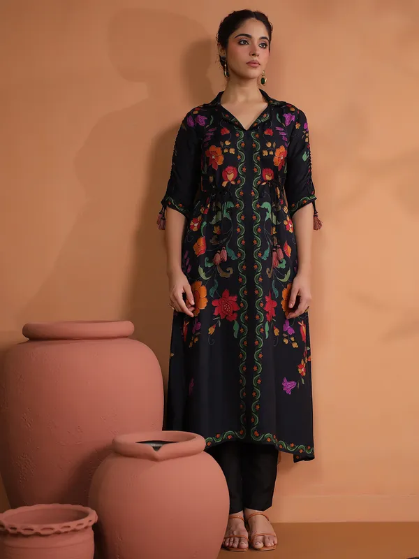 Classy black silk printed kurti set for festive