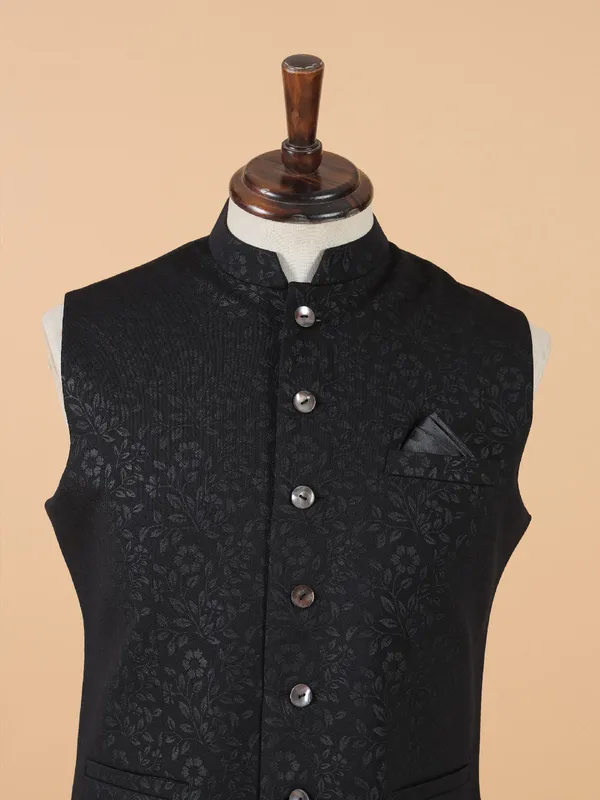 Classy black silk printed waistcoat