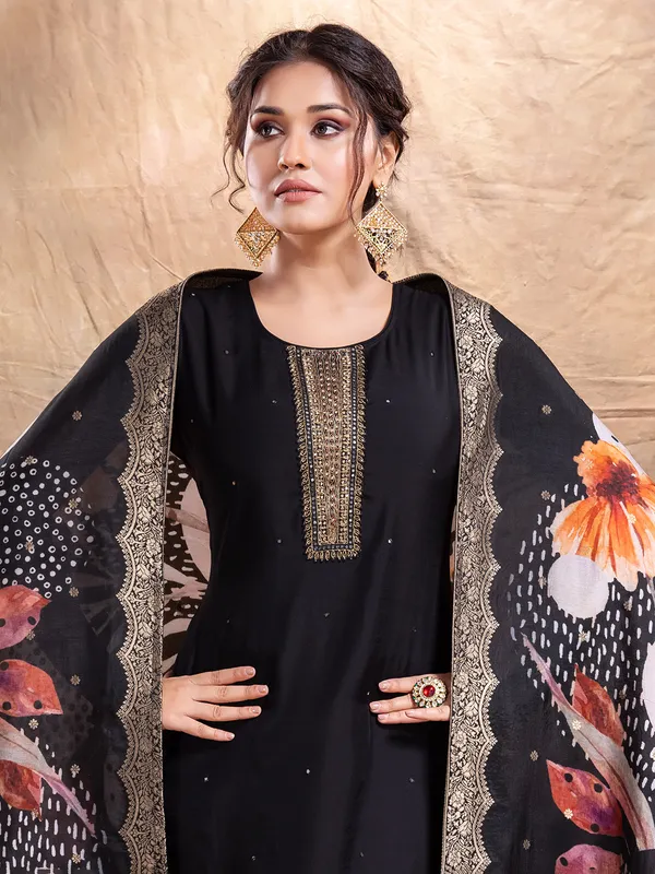 Classy black silk straight cut salwar suit