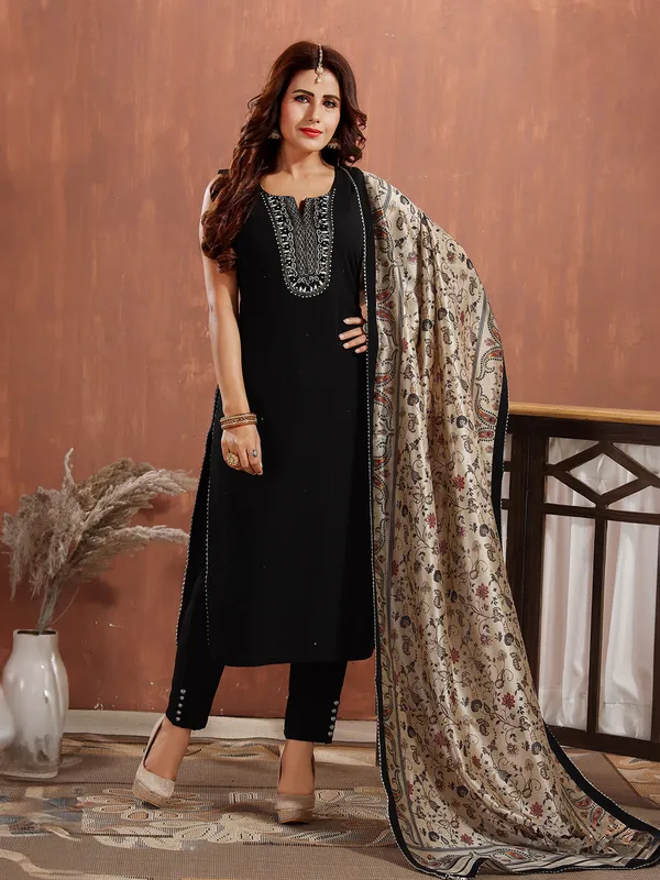 Classy black straight cut salwar suit in silk