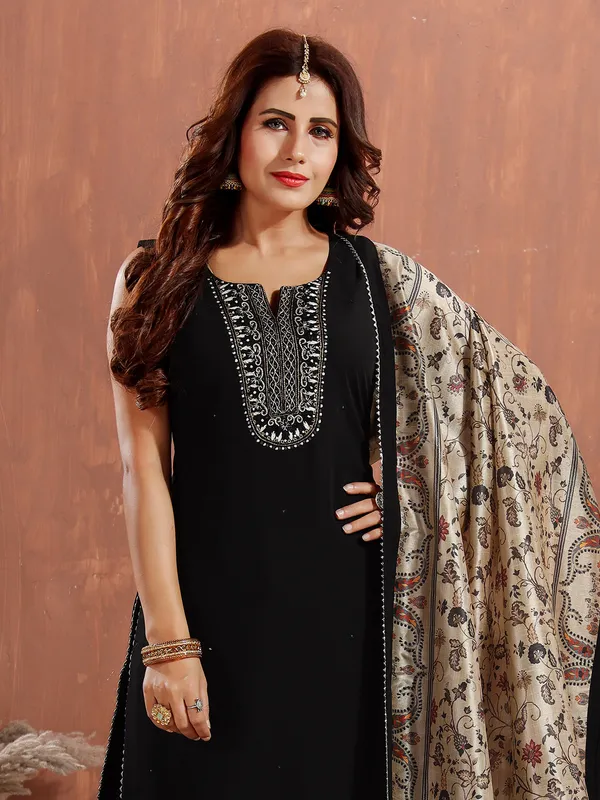 Classy black straight cut salwar suit in silk