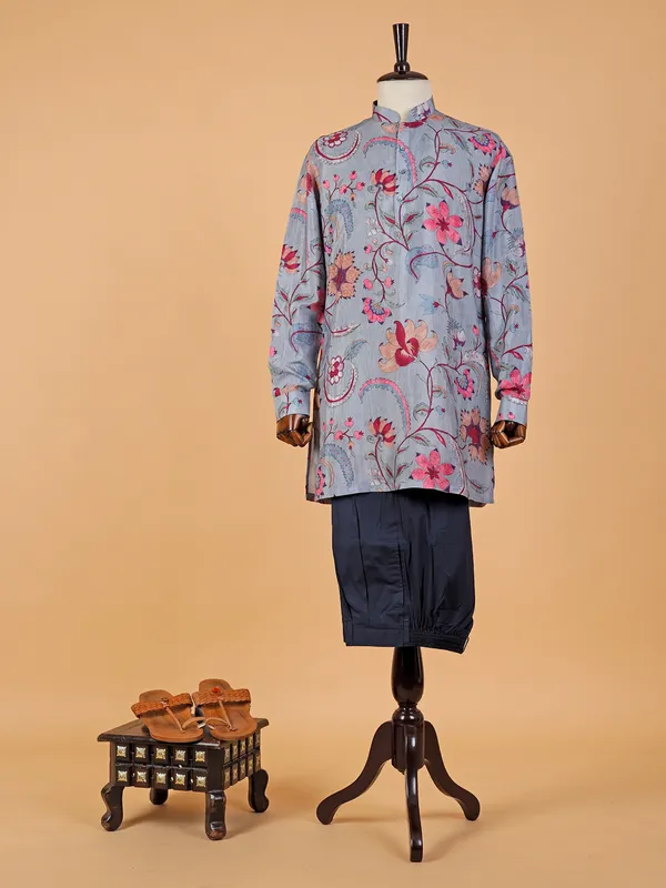 Classy blue cotton printed  Men Kurta pajama