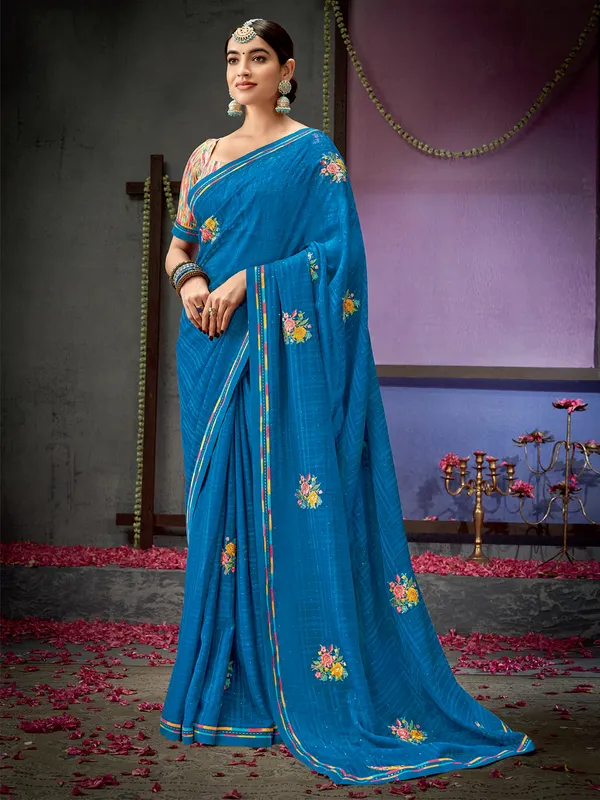 Classy blue georgette checks saree