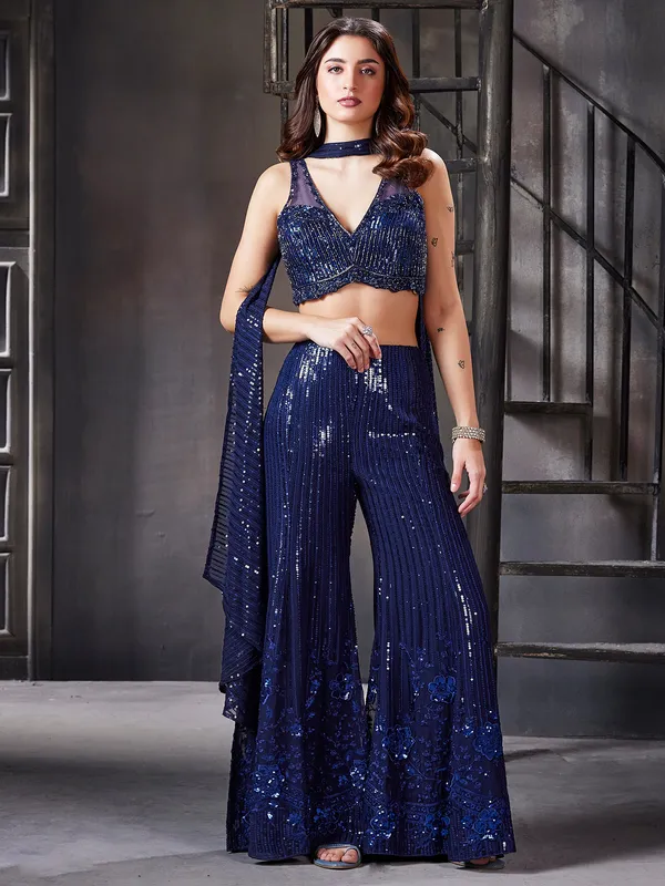 Classy blue georgette palazzo suit with dupatta