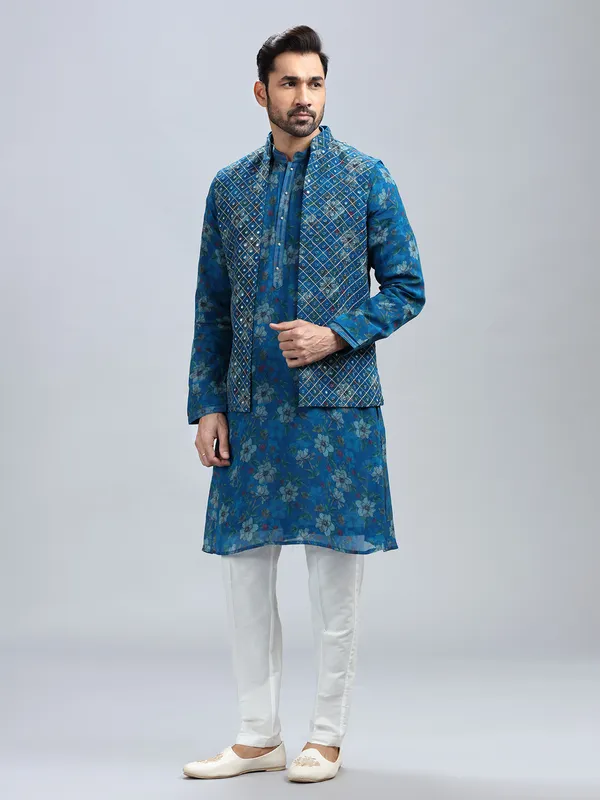 Classy blue georgette waistcoat set for men