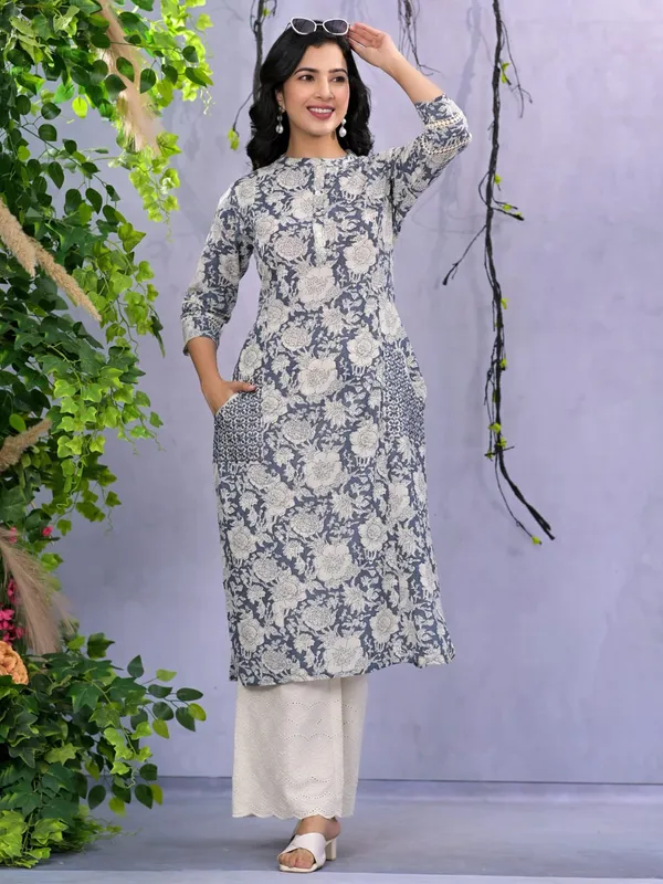Classy blue printed cotton kurti set
