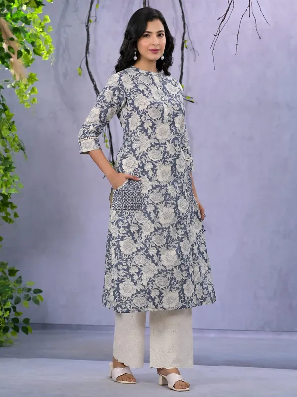 Classy blue printed cotton kurti set