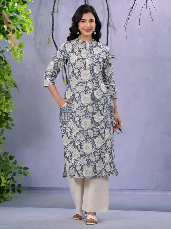 Classy blue printed cotton kurti set
