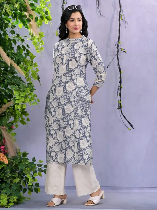 Classy blue printed cotton kurti set