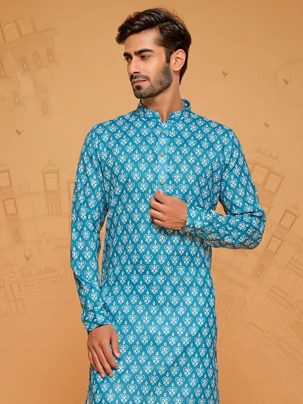Classy blue printed kurta suit for men