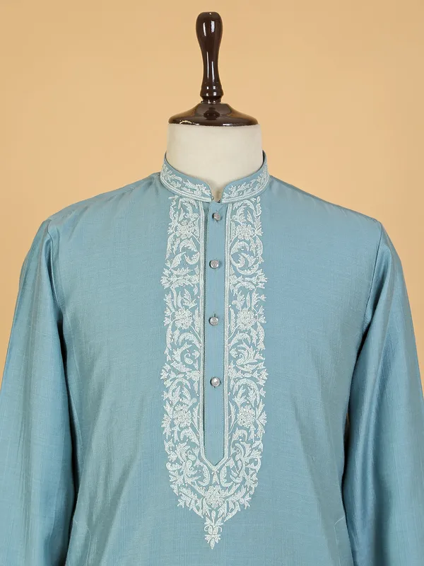 Classy blue silk  Men Kurta pajama for festive