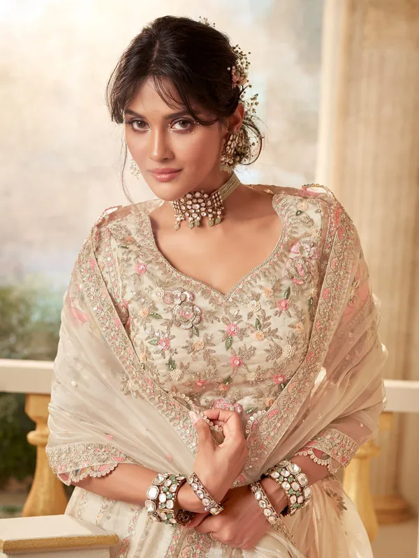 Classy bridal style cream unstitched lehenga choli