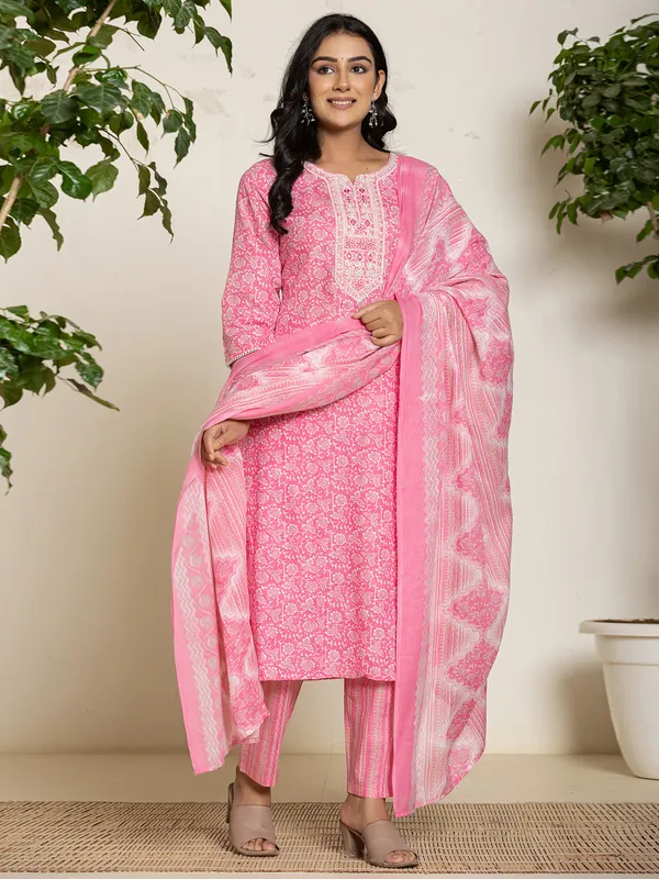 Classy bright pink printed georgette kurti set