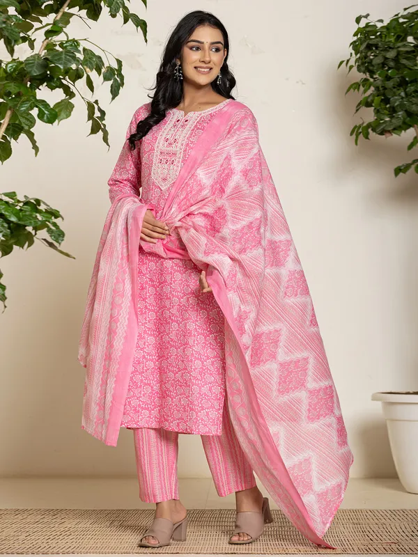 Classy bright pink printed georgette kurti set